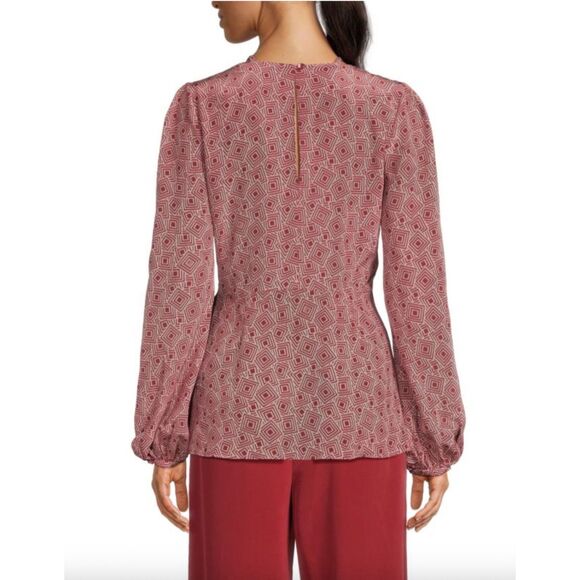 NWT Equipment Femme Arden 100% Silk Geometric Print Blouse in Earth Red Size 6 - Picture 5 of 14